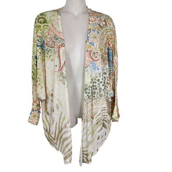 Chico's Cardigan Size 2 Large Open Front Pastel Kiara Paisley Lightweight Boho - Picture 1 of 11